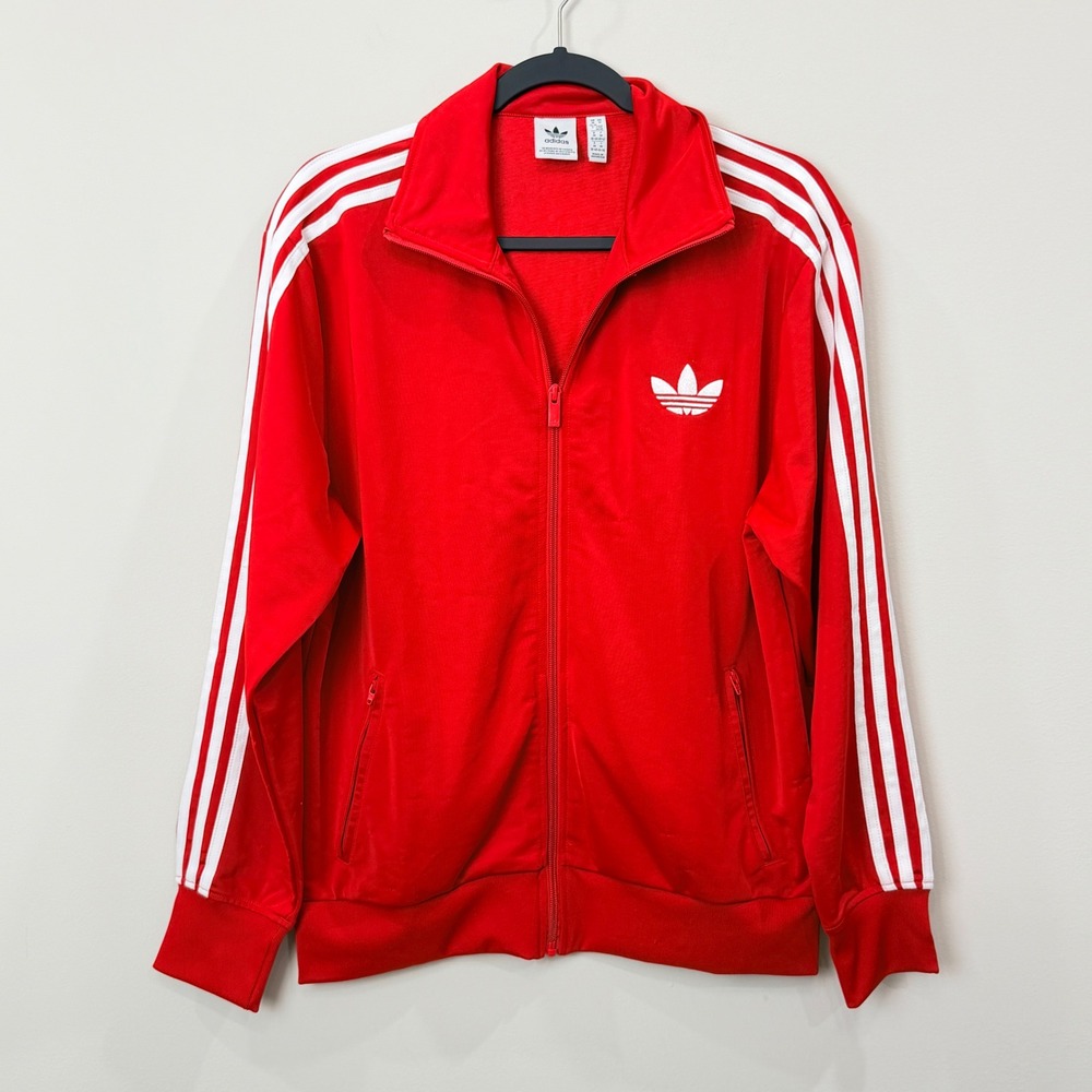 Adidas Women M Firebird Track Jacket Red White Trefoil 3-Stripe Retro Streetwear